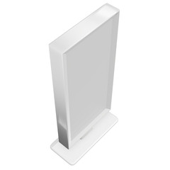 LCD Screen Stand. Blank Trade Show Booth. 3d render of lcd tv isolated on white background. High Resolution. Ad template for your expo design.