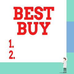 Text sign showing Best Buy. Business photo showcasing most advantageous combination of cost and quality of a product Front view young woman holding two hands right corner big blank rectangle