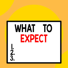 Writing note showing What To Expect. Business concept for Confusion about the belief of what will happen in future Front close up view big blank rectangle abstract geometrical background