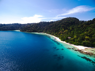Andaman crystal sea white sand beach at lipe island. Panoramic view. Koh lipe stun Thailand. 