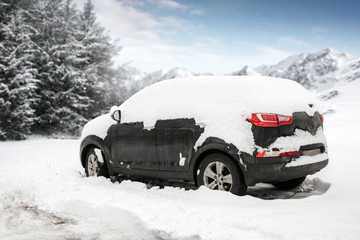 Winter car with snow and landscape of mountains. Free space for your decoration and winter time. 