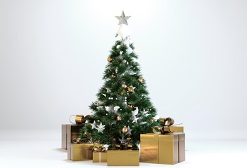 Beautiful Christmas tree with golden gifts and white background. 3D Illustration, 3D Rendering.