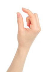 Woman hand with gesture like enlarging the picture on tablet PC screen