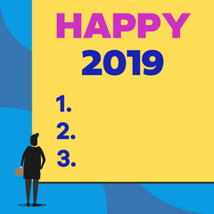 Writing note showing Happy 2019. Business concept for feeling showing or causing pleasure or satisfaction for 2019 Back view young woman watching blank big rectangle