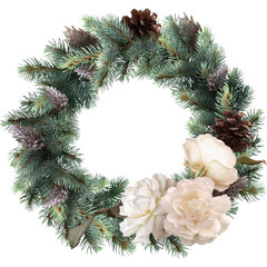 Christmas floral wreath with white roses isolated on white background.