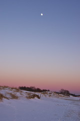 Moon over the frozen and snowy beach of Pärnu, Estonia, with dunes grown with bushes and clear blue sky colored by sunset in pink, on cold winter evening