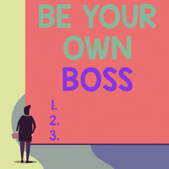 Writing note showing Be Your Own Boss. Business concept for Entrepreneurship Start business Independence Selfemployed Back view young woman watching blank big rectangle