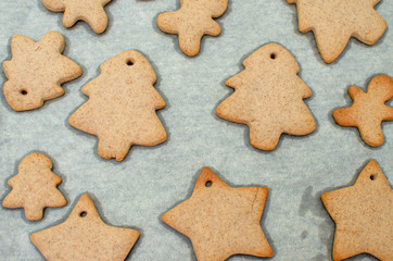 Homemade colorful gingerbread cookies on paper background.