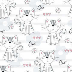 Cute hand drawn cats colorful seamless pattern background. vector illustration.