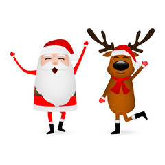 Cartoon funny santa claus and reindeer waving hands isolated on white