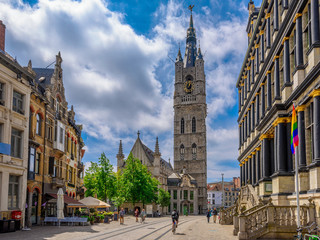 Belfry of Ghent and Ghent Town Hall (Stadhuis) in Ghent (Gent), Belgium. Architecture and landmark...