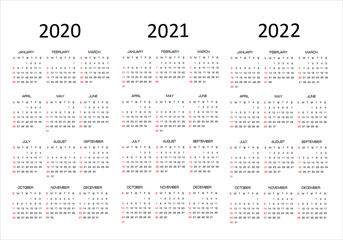 Calendar 2020, 2021, vector illustration. Week starts on Sunday.