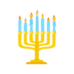 Golden Menorah with burning candles usually used at Hanukkah or Shabbat celebrations.