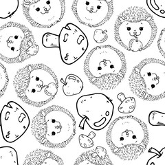 Hedgehogs seamless pattern. Vector illustration of children's background made of hedgehogs and apples seamless pattern. Background from cartoon hedgehogs and mushrooms children's seamless pattern.