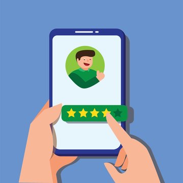 hand give stars for rating system on mobile app smartphone in flat illustration editable vector