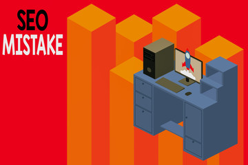 Conceptual hand writing showing Seo Mistake. Concept meaning action or judgment that is misguided or wrong in search engine Desktop station drawers personal computer launching rocket