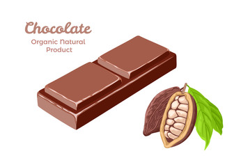 Chocolate bar slice isolated on white background and cocoa fruit. Vector illustration of tasty sweets and cocoa beans in cartoon simple flat style.