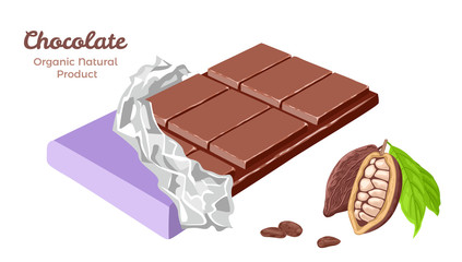 Milk chocolate in lilac wrapper Isolated on white background. Vector illustration of sweet dessert and cocoa beans in cartoon simple flat style.