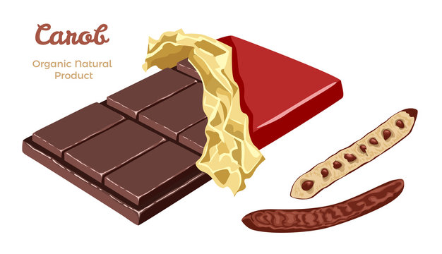 Carob bar in red wrapper isolated on white background. Healthy, vegan snack, dessert. Vector illustration of natural organic sweets and carob pod bean in cartoon simple flat style.
