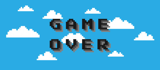 Game over text isolated on cloud blue background. Pixel vector art 8 bit. Gaming controller, symbols set.  © Yuliia