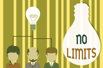 Handwriting text No Limits. Conceptual photo to do whatever you could with out restrictions and holding back Group three executive persons sharing idea icon. Startup team meeting