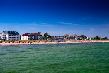 Fototapeta premium Beach with beach coats of Niendorf, Timmendorfer Strand, Luebeck Bay, Baltic Sea, Schleswig-Holstein, Germany