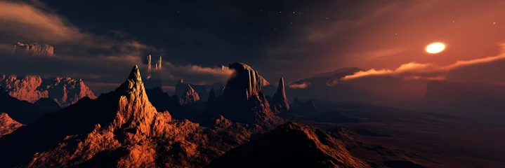 Deurstickers Mars, panorama van Mars, Marslandschap bij zonsondergang, buitenaards landschap. 3D-rendering. © ustas