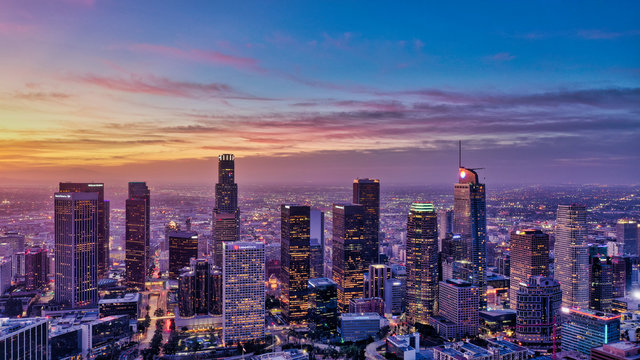 Downtown LA at sunrise aerial