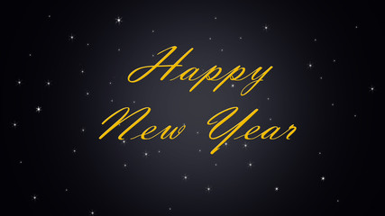 Happy new year 2020, gold text and star on black background.