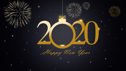 Naklejka premium Happy new year 2020, gold text and star on black background.
