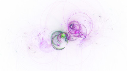 Abstract violet and green glowing shapes. Fantasy light background. Digital fractal art. 3d rendering.