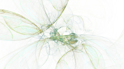 Abstract transparent green and gold crystal shapes. Fantasy light background. Digital fractal art. 3d rendering.