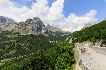 Fertile landscape in the dinaric alps with green forests on the way from shkodar to theth in Albania