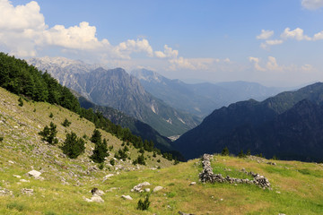 Fototapeta na wymiar View into the fertile valley of Theth in Albania