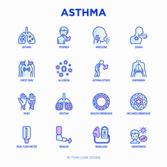 Asthma thin line icons set: allergen, dyspnea, cough, wheezing, chest pain, diaphragm, asthma attack, hives, sputum, peak flow meter, inhaler, nebulizer. Modern vector illustration. - obrazy, fototapety, plakaty