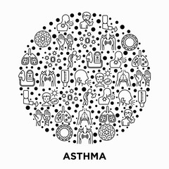 Asthma concept in circle with thin line icons: allergen, dyspnea, cough, wheezing, chest pain, diaphragm, asthma attack, hives, sputum, peak flow meter, inhaler, nebulizer. Modern vector illustration.
