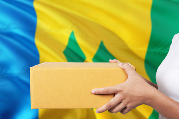 Saint Vincent And The Grenadines delivery service. International shipment theme. Woman courier hand...