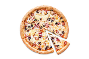 Delicious pizza with salami, ham, sausages, champignon mushrooms, olives, mozzarella and tomato...