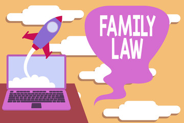 Handwriting text Family Law. Conceptual photo the branch of law that deals with matters relating to the family Successful rocket launching clouds out laptop background. Startup growing