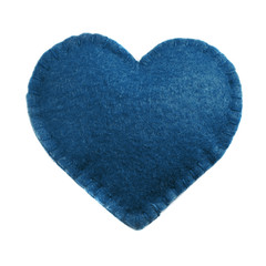 Classic blue felt heart on white. Top view. Isolated. Concept Trendy color of the 2020 Year.