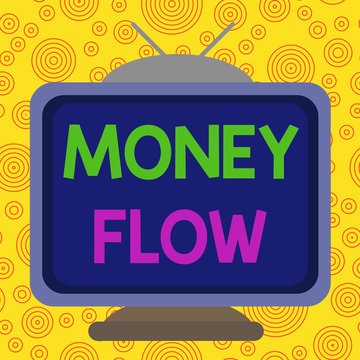Text sign showing Money Flow. Business photo text the increase or decrease in the amount of money a business Square rectangle old multicoloured painting television picture wood design