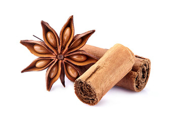 Anise  with cinnamon on white background.