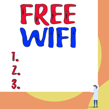 Conceptual hand writing showing Free Wifi. Concept meaning let you connect to the Internet in public places without paying Young woman holding two hands right corner big rectangle