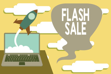 Handwriting text Flash Sale. Conceptual photo a sale of goods at greatly reduced prices at a short period Successful rocket launching clouds out laptop background. Startup growing