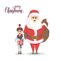 Santa with bag of gifts and happy Boy with Christmas gift box dressed in scarf. Flat style illustration. Happy New Year and Christmas. Hand made Lettering