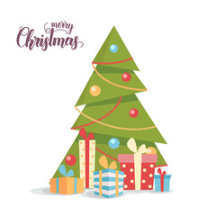 Decorated X mas tree with gift boxes isolated on white. Flat style illustration. Happy New Year 2020 and merry  Christmas. Hand made Lettering