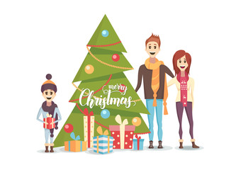 Happy family with Decorated X mas tree with gift boxes isolated on white. Mom, dad and son are dressed in scarves. Family smiles and joy. Flat style vector illustration.  Merry Christmas and New Year