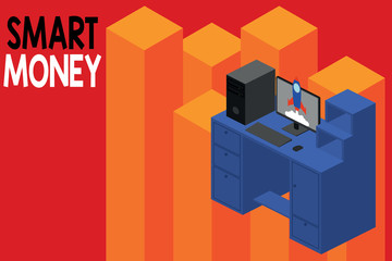 Conceptual hand writing showing Smart Money. Concept meaning the money bet or invested by showing with expert knowledge Desktop station drawers personal computer launching rocket