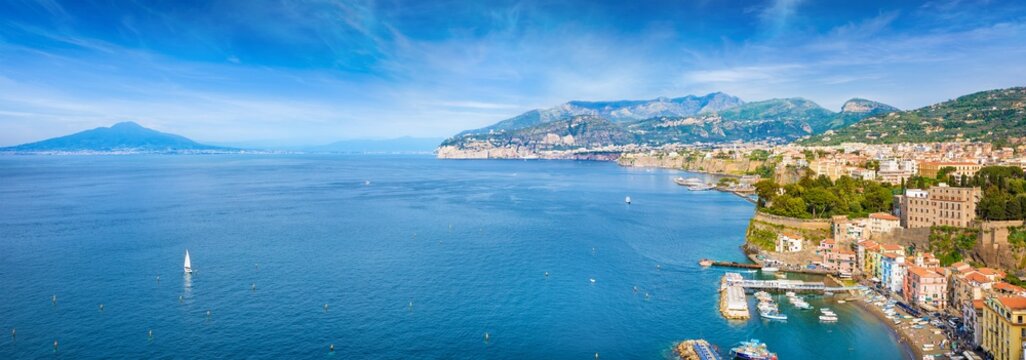Aerial panoramic view of Marina Grande, cliff coastline Sorrento and Gulf of Naples, Italy.