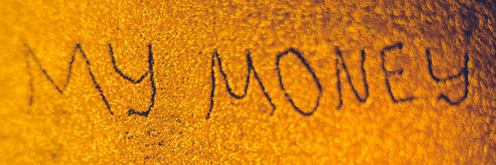 Text My Money on golden shiny background, business banner.